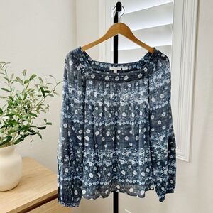 LC Lauren Conrad Blue Floral Print Square Neck Long Sleeve Top Blouse L